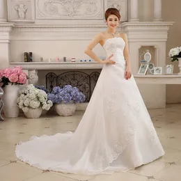 Vestidos de Novia Vit Bröllopsklänningar Strapless Ruched Beaded Broderi Eleganta Brudklänningar med Sweep Train Gelinlik 2020