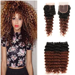 Peruvian Virgin Human Hair Buntar Två Tone 1b 33 Dark Root Auburn Deep Wave Lace Closure med buntar Deva Curly Ombre Hair Weave