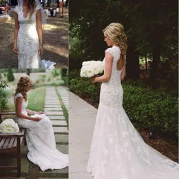 Vintage Country A-Line Wedding Dresses V Neck Cap Sleeves Golvl￤ngd Lace Cowgirls Backless Bridal Boho Br￶llopskl￤nningar Vestido de Novia