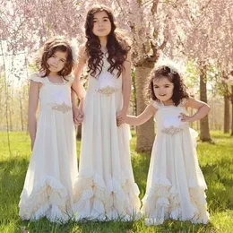 Lovely Ivory Cheap Flower Girls For Weddings Square Neck Beaded Sashes Floor Length A Line Girl's Pageant Dresses Birthday Gowns