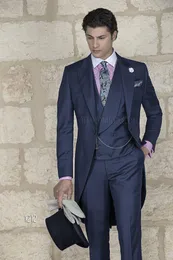 Morning Style Navy Blue Tailcoat Groom Tuxedos Eiegant Män Bröllopskläder Högkvalitativ Men Formell Prom Party Suit (Jacka + Byxor + Tie + Vest) 983