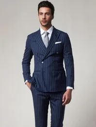 New Style Groom Tuxedos Double-Breasted Blue Strips Peak Lapel Groomsmen Best Man Suit Mens Wedding Suits (Jacket+Pants+Tie) NO:1196