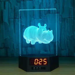 Hippo 3D Illusion Night Lights LED 7 Färg Byt skrivbordslampa Heminredning Klocka # R21