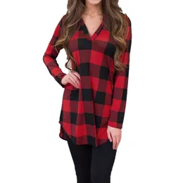 2018 kvinnor sommar lång blus V nacke damer toppar plaidbottnar långärmad skjorta femme plus storlek blusa feminina chemise blusas