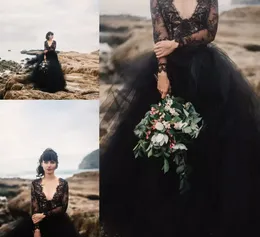 2019 zwarte bohemie trouwjurken backless met illusie lange mouwen puffy tulle boho goedkope gotische bruidsfeest bruids formele jurken goedkoop