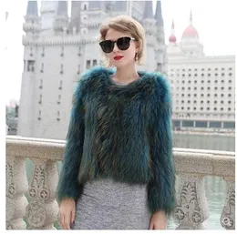 2018 Nowy Design Women's Luksusowe Oryginalne Futro Raccoon Z Długim Rękawem O-Neck Dzianiny Tkactwo Fur Coat Casacos Plus Size L XL 2XL