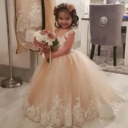Hot Sale Lace Ball Gown Beaded Flower Girl Dresses For Wedding Sheer Jewel Neck Toddler Pageant Gowns Appliqued Tulle Kids Communion Dress