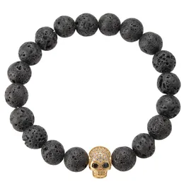 Top quality Lava Rock Beaded chain bracelet Black Natural energy stone with Gold skull Skeleton charm Bangle For women men Crafts Jewelry