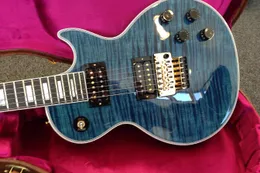 Benutzerdefinierte Alex Lifeson Peacock Blue Flame Ahaple Top E -Gitarre Floyd Rose Tremolo, geschnitzte Axcess -Nackengelenkausschnitte, Verriegelungsmutter, goldene Hardware