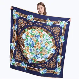 Nowy Twill Silk Scarf Kobiety Hiszpania Royal Floral Printing Square Scarves Moda Wrap Kobieta Foulard Duży Hidżab Szal Neckerchief 130 * 130 cm
