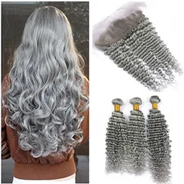 Brazilian Silver Grey Human Hair Bundles Deals 3Pcs with Frontal Closure Deep Wave Colored Grey Virgin Hair Weaves with Lace Frontal 13x4