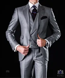 Fashion Grey Men 3 Piece Suit Bröllop Tuxedos Handsome Groom Tuxedos Notch Lapel One Button Slim Fit Men Blazer (Jacka + Byxor + Tie + Vest) 463