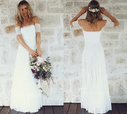 Una linea al largo della spiaggia abiti da sposa maniche corte senza spalline in pizzo Boho abito da sposa lunghezza del pavimento abiti da sposa bohémien su misura