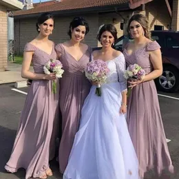 Boho Lilac Chiffon Bridesmaid Dresses With Cap Sleeves Cheap Plus Size Floor Length Maid of Honor Dresses A-Line V-Neck Wedding Guest Dress