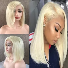 Cheia Do Laço Perucas de Cabelo Humano Para As Mulheres 613 Loira 130% Densidade Cabelo Remy Peruano Reta De Seda Curto Bob Lace Front perucas de cabelo humano