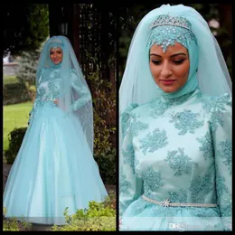 Ny designer muslimska kvällsklänningar långa ärmar pärlor spets applique golv längd formell prom klänningar kväll wear yousef aljasmi