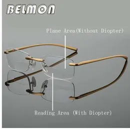 Bifocal Reading Glasses Men Women Rimless Aluminum-magnesium Frame Diopter Presbyopic Eyeglasses +1.0+1.5+2.0+2.5+3.0+3.5 RS341