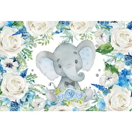 Boy Baby Shower Elephant Backdrop Printed White Blue Flowers Green Leaves Newborn Kids Birthday Party Photo Booth Background