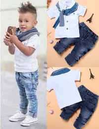 Baby Boy Roupas Casuais T-Shirt + Cachecol + Calça Jeans 3 pc Conjunto de Roupas de bebê Verão Criança Crianças Traje Para Meninos 2018 Meninos Da Criança Roupas