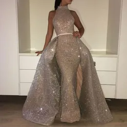 Glitzernde High-Neck-Abschlussballkleider mit Überrock, Perlen-Pailletten, Applikationen, Spitze, Meerjungfrau, formelle Kleider, atemberaubendes Kleid auf dem roten Teppich