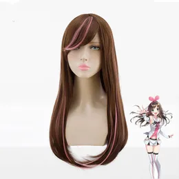 Kizuna AI Cosplay Wig 60cm Long Straight Brown Mixed Pink Women Party Wigs