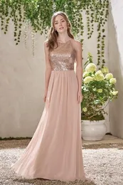 Eleganti abiti da damigella d'onore lunghi in chiffon con paillettes in oro rosa e spalline senza schienale con volant e volant per gli ospiti di nozze taglie forti damigella d'onore Gow310N