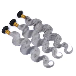 Nero e argento grigio tessuto dei capelli umani vergini bundles 3pcs onda del corpo ondulato # 1B / grigio ombre brasiliani estensioni dei capelli umani estensioni radice scura