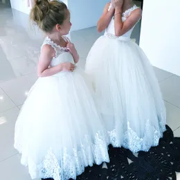 Cute Ball Gown Flower Girls Dresses Scoop Lace Tulle Floor Length Toddler Infant Children Birthday Holiday Christmas Wedding Party Dresses