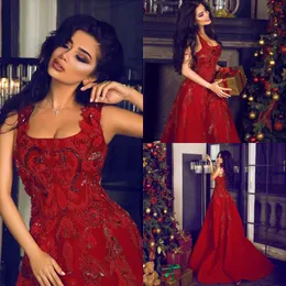 Czerwony sexy celebrytki sukienki linia satyna aplikacja koraliki wieczorowe sukienki wieczorowe Party nosić Sweep Pociąg Dubaj Arabski Prom Dress Zuhair Murad Suknia