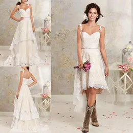 Removable Skirt Lace A Line Dresses Spaghetti Straps Applique High Low Country Summer Beach Wedding Bridal Gowns Ba1855