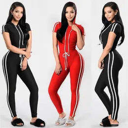 Women Skin Tight Sport Suits 2 Colors Hooded Short Sleeved T shirt with Legging Sets Slim Fit Tracksuits White Striped Sportswear