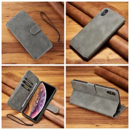 DG.MING Plånboksfodral i läder för Iphone 14 13 Mini Pro 12 11 XR XS MAX X 8 7 6 Plus Retro Vintage Oil Flip Cover Kreditkortsfack ID-ställ Lyx PU Business Men Pouch Strap