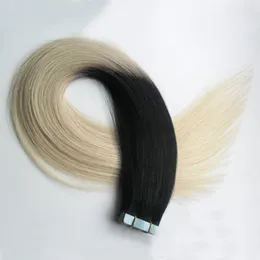 Tape In Extensions Ombre t1b / 613 Två ton icke-remy 100g 40pcs Mänskliga hår Straight Ombre Skin Weft Hair Extensions