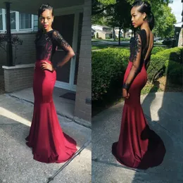 Piękny Z Długim Rękawem Nigerii Koronki Mermaid Prom Dresses Sheer Backless Afryki Tanie Party Formalne Wieczór Formalne Suknie Robe De Soiree