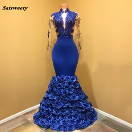 Royal Blue Muslim Evening Dresses Mermaid Long Sleeves Flowers Lace Beaded Dubai Saudi Arabic Long Formal Evening Gown