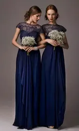 Elegant Chiffon Lace Navy Blue Long Bridesmaid Dresses Short Sleeve Fitted Sash Evening Gowns Plus Size Maid Of Honor Dresses Unde224b