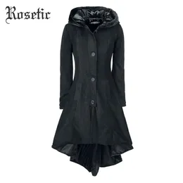 Gothic Asymmetric Trench Coat Women Black Lace Up Hooded Polyester Long Sleeve Winter Outerwear