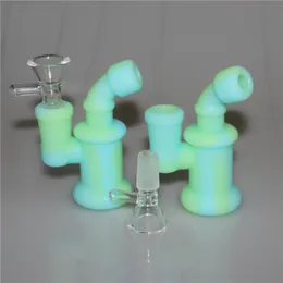 Glow in dark Silicone Bong Dab Rig Water Pipes hookahs 3.85 inch Bubbler Camo Oil Rig Detachable Unbreakable Percolator Hookah Glass Bowl