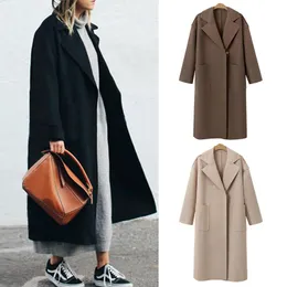 Womens Winter Lapel Wool Coat Jacket Loose Plus Overcoat Outwear Long sleeve warm high quality woolen large size coat
