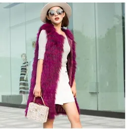 2018 Höst Vinter Ny Design Kvinnors Ärmlös O-Neck Loose Plus Size Real Natural Raccoon Fur Long Vest Coat Casacos SMLXLXXL