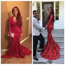 Deep V Neck African Red Sequined Prom Dresses Long Sleeve Sparkly Mermaid Evening Dresses Evening Gowns Fitted Party Gowns Evening Wear