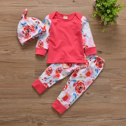 2018 Newborn Toddler Infant Baby Girls Clothes Set Spring Autumn Long Sleeve Floral T-Shirt Pants Hat Girls Clothing Rose Red Outfits 3pcs
