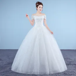Ny båtbrygga Broderad bröllopsklänning 2018 Organza och Tulle Lace Up Ball White Princess Cheap Bridal Gowns Vestido de Noiva