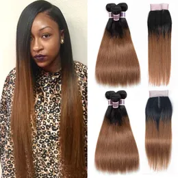 Ombre Peruvian Human Hair 3 Bundles with Closure Straight 1B/30 Ombre Brazilian Malaysian Virgin Hair Weaves Pre Colored Hair Extensions