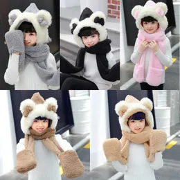 Unisex Girls Beanies Cap Set Baby Kids 3PCS Cute Ear Bow Scarf Hat & Glove Sets Flannel Children Winter Warm Scarfs And Shawl