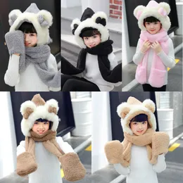 Unisex Dziewczyny Czapki Czapka Zestaw Dziecko Dzieci 3szt Cute Ucho Bow Scarf Hat Rękawiczki Zestawy Flanel Dzieci Zimowe Ciepłe Szaliki i Szal