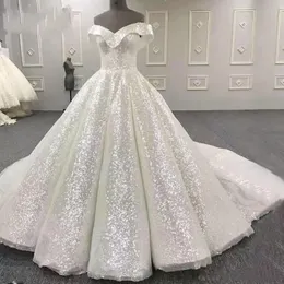 Sparkly Luxury Wedding Dresses Off Shoulder A-Line Sequined Bridal Clows Back Lace-Up Sweep Train Custom Made Nivda Wedding Dress317C