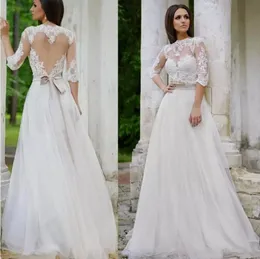 2019 Landbröllopsklänningar Backless Half Sleeves Sheer Neck Appliques Lace Boho Bröllopsklänning Bröllopklänningar Vestido de Novia