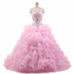 2018 Sexig Elegant Rosa Lace Crystal Ball Gown Quinceanera Klänningar med Beading Sequined Sweet 16 Dress Plus Size Vestido de 15 Anos BQ18