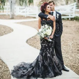 Fashion Black Gothic Mermaid Wedding Dresses Lace Custom Made Bride Bridal Wedding Gowns Sweep Train robe de mariage